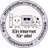 Grafik/Illustration Digitale Barrierefreiheit/Accessibility mit 4 Maskottchen und der Aufschrift: Ein Internet für alle. Das ist der Aufmerksam-Macher von gehirngerecht.digital.